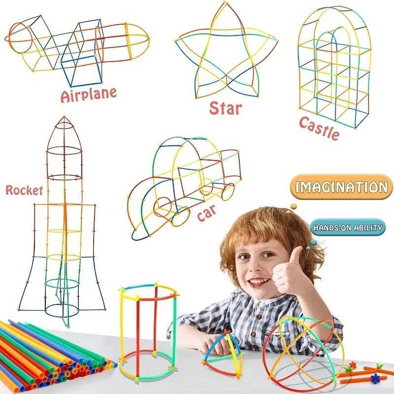 Creative Straw STEM Building Toys 100Pcs Interlocking Plastic Thin Tube Building Blocks Educational Toys for Children Boys Girls Y240731