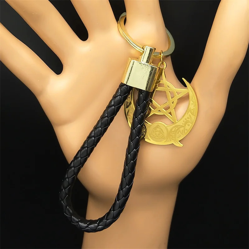 Triple Moon Goddess Witch Knot Stainless Steel Pendant Keychain for Women Men PU Leather Pentagram Star Bag Charm JewelryK26657 240731