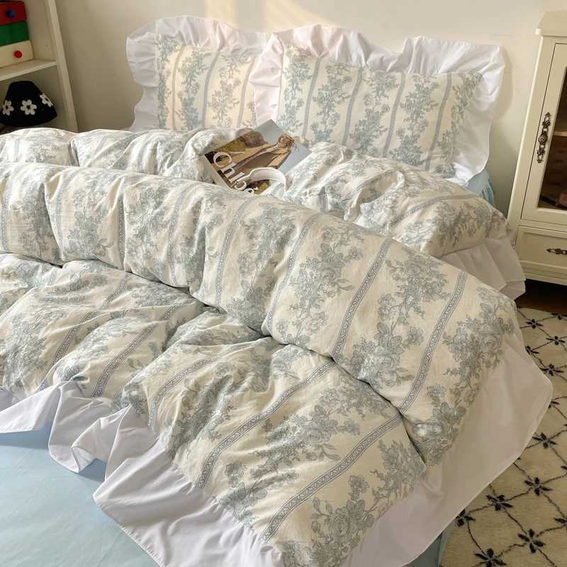 Korean style princess flower washed cotton bedding retro French floral lace ruffled down duvet cover pillowcase W240801