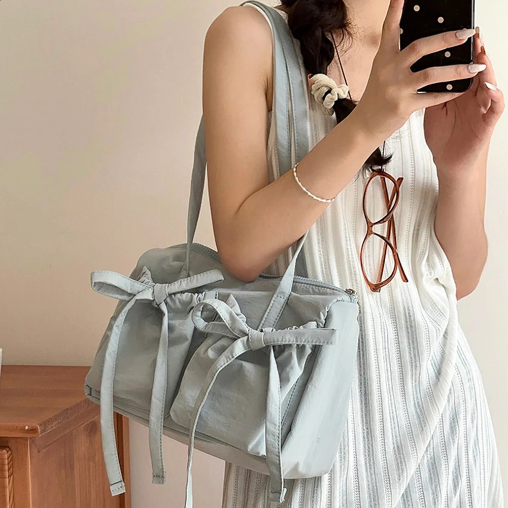 Fashion Shoulder Bag for Women Casual Tote Handbag with Bow Korean Top Handle Purse Nylon Underarm Bags Girls Female Clutch 240731