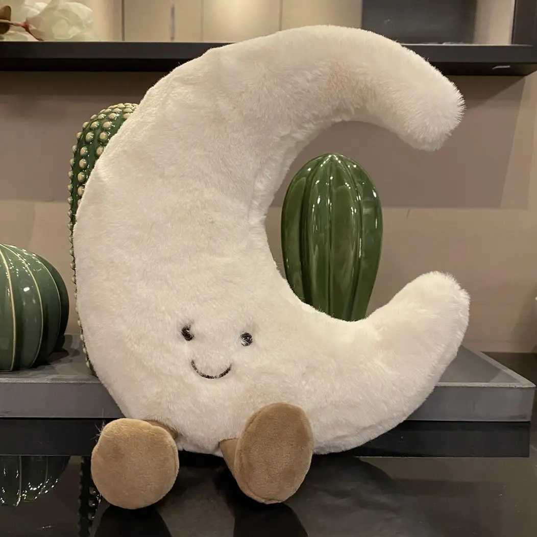 Adorable Smile Face White Moon Yellow Sun Plushie Stuffed Cute Cartoon Weather Plush Toy for Kid Bedroom Decor Sofa Throw Pillow Y240801