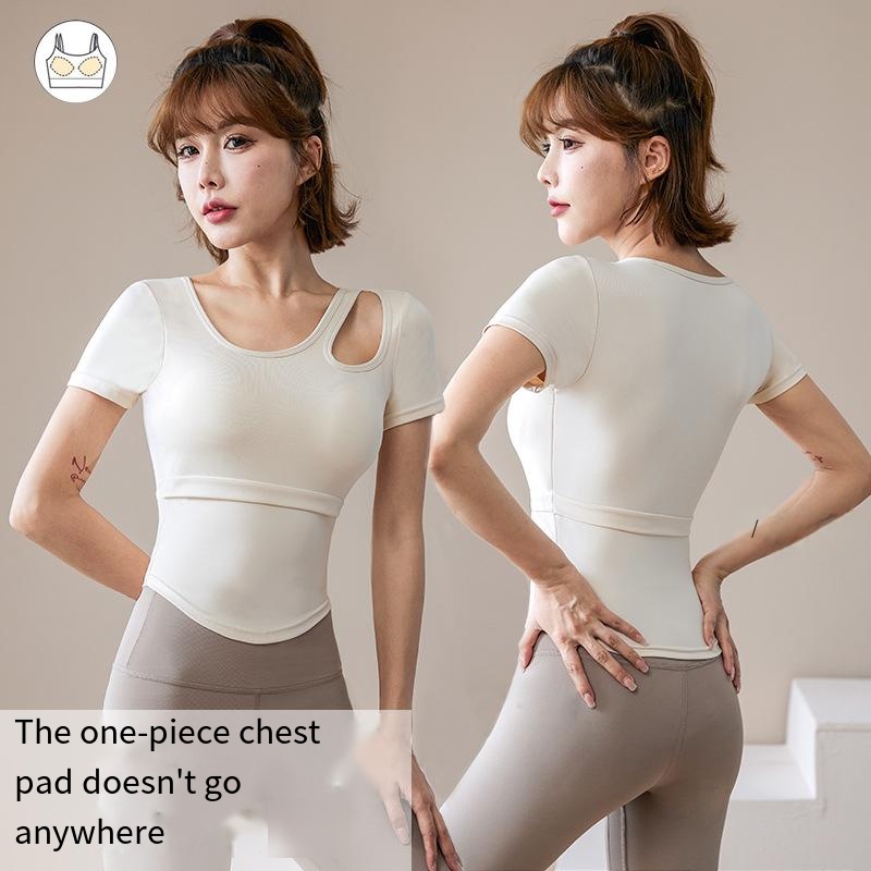 new short sleeve women with chest pad quick dry breathable thin tight running fitness sports short sleeve yoga top