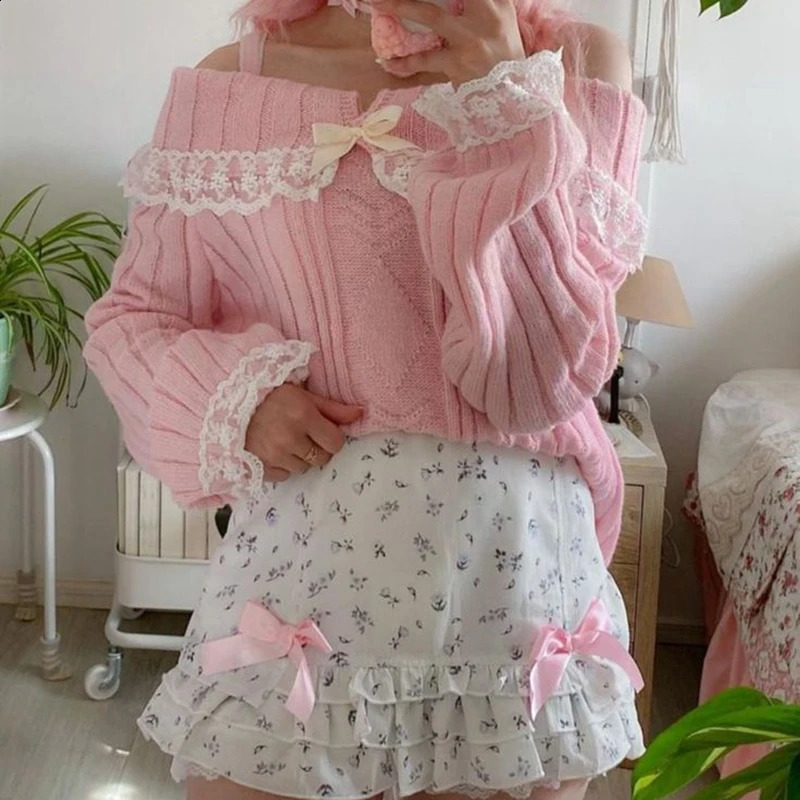 Kawaii Lace Trim Off Shoulder Pullovers Pretty Cute Outfits Harajuku Cosplay Sweater Y2K Aesthetic Vintage Long Sleeve Jumpers 240801