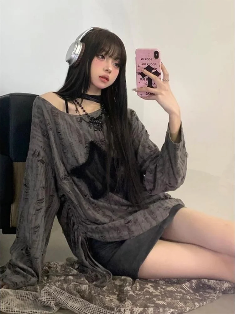 HOUZHOU Harajuku Vintage Hollow Out Sweater Women Autumn Streetwear Fairy Grunge Y2k Knitted Pullovers Gothic Girl Top 240812