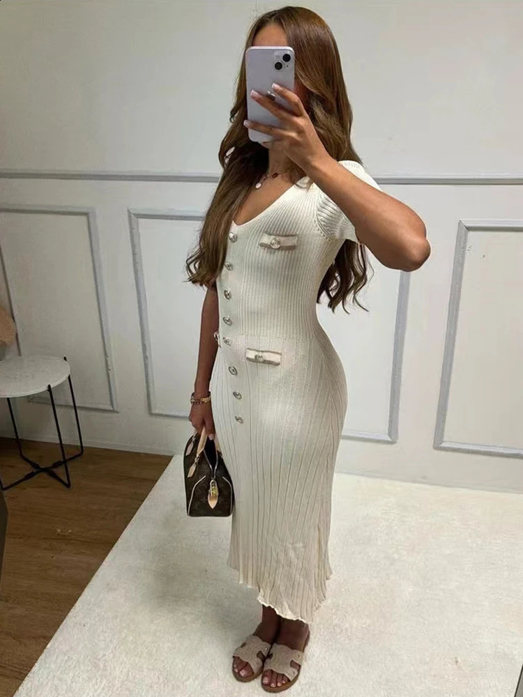 Elegant Knitted Long Dress Women Summer V Neck Single Breatsed Short Sleelve Bodycon Dresses Fashion Party Office Lady Vestidos 240731