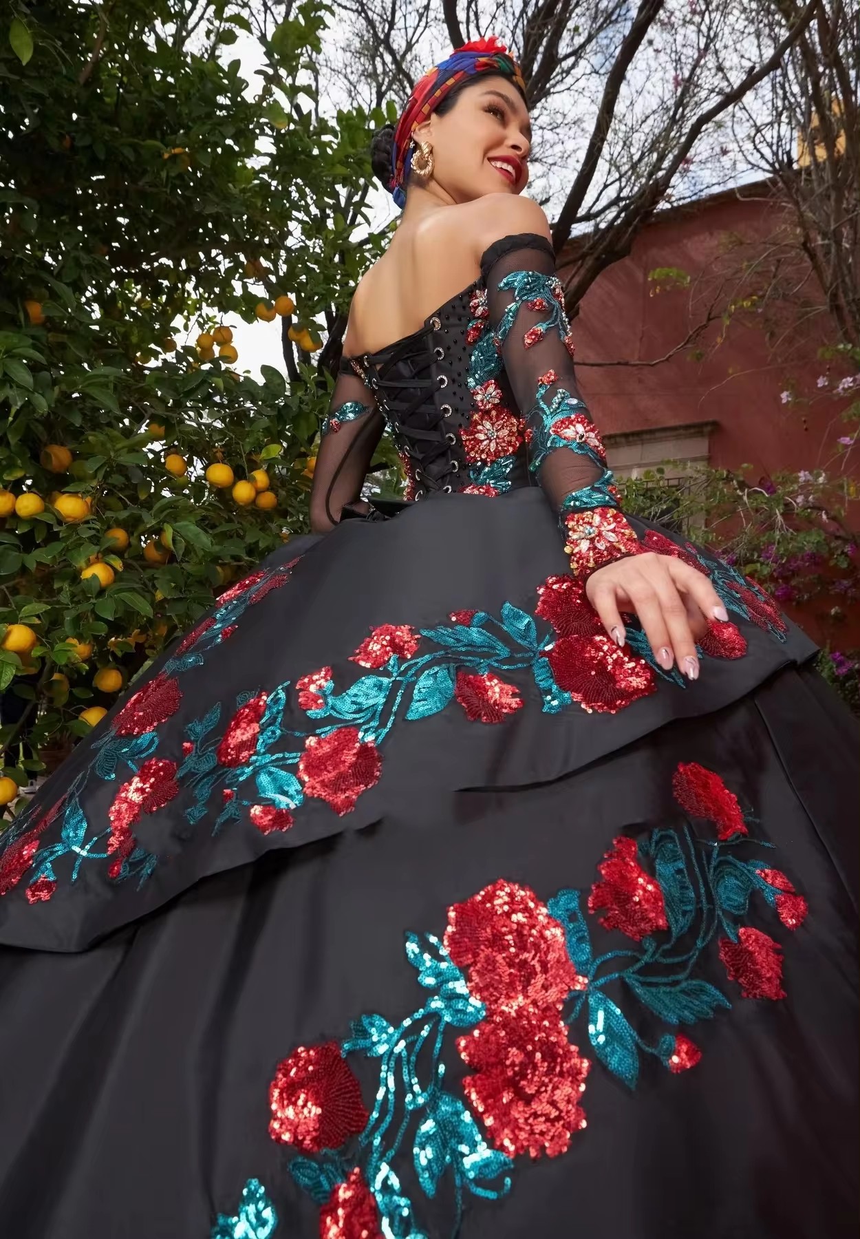 Charro Black Quinceanera Ball Gown Long Sleeves Tulle Appliques Pearls Puffy Mexican Sweet Dresses Anos