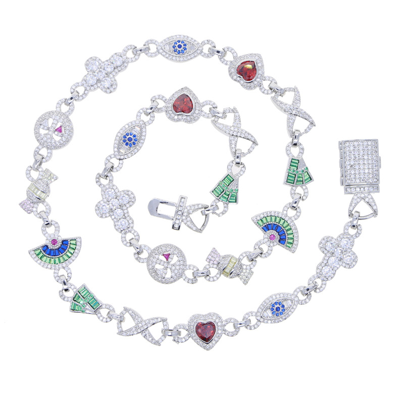 Hip Hop Colorful Charm Eye Cross Heart Cuban Chain Necklace 5A Zircon Rap Jewelry