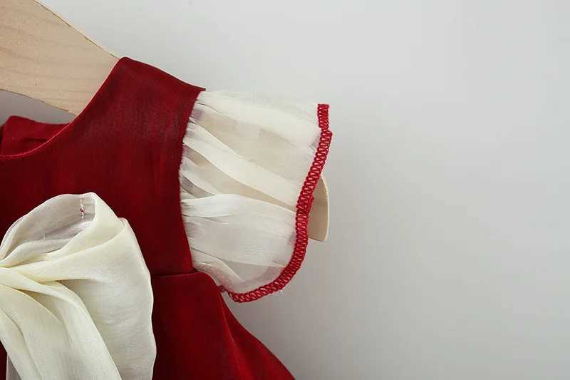 New Years Dress Girls Summer Dress Solid Red Flying Sleeves Bow Twilight Cloud Princess Dress Suitable for 0-3 Year Old Babies X250220