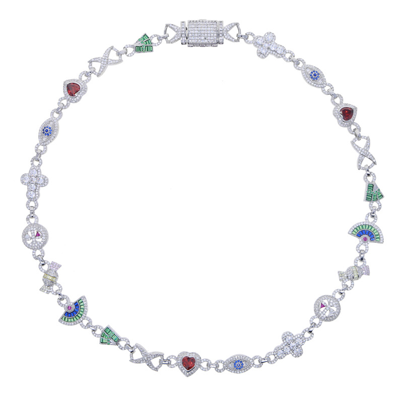 Hip Hop Colorful Charm Eye Cross Heart Cuban Chain Necklace 5A Zircon Rap Jewelry