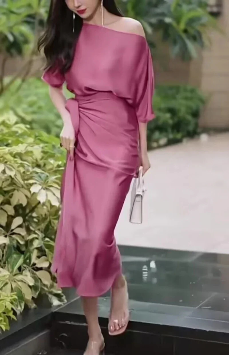 Womens Blue Satin Maxi Prom Dresses Summer Fashion One Shoulder Tie Waist Long Formal Cocktail Dresses for Women 240801