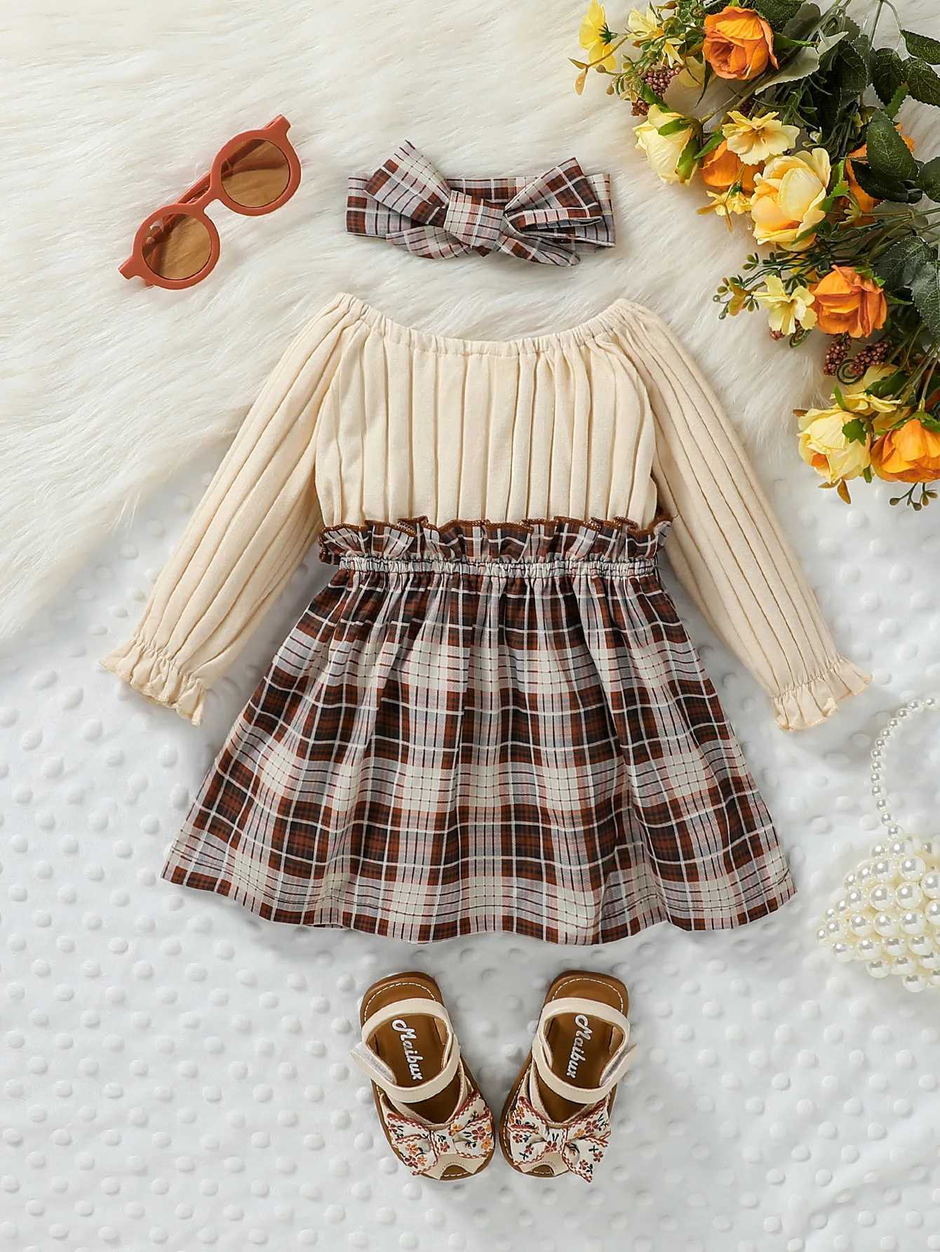 2024 New Baby Girl Autumn Long Sleeve Butterfly Bow Grid Fashion Cute Dress X250220