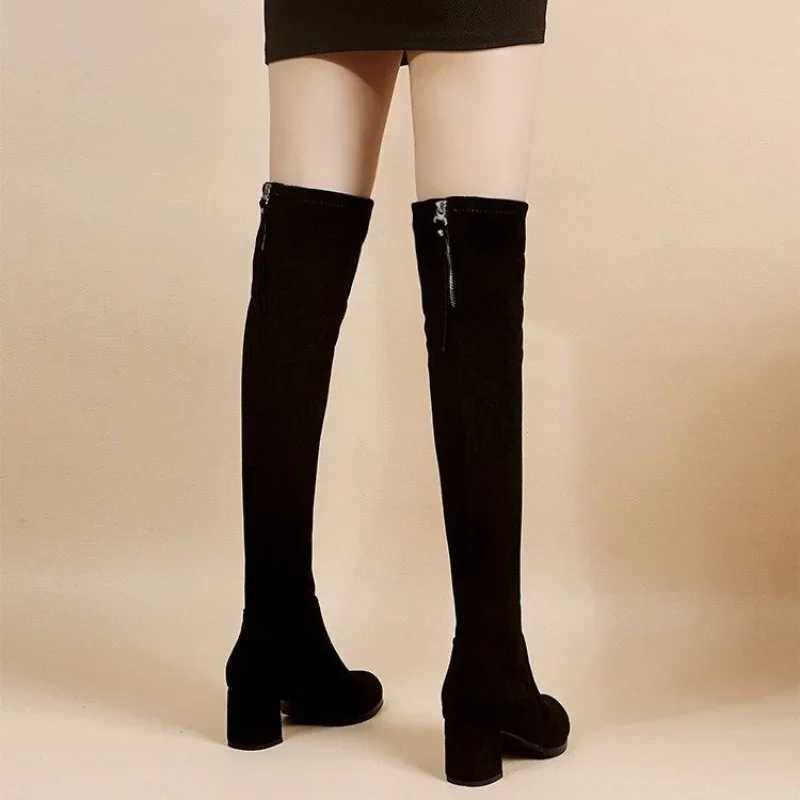 High Quality Artificial suede Fem autumn zipper elastic knee high boots used for lace high Gigh boots black Botas Mujer 20 T241206