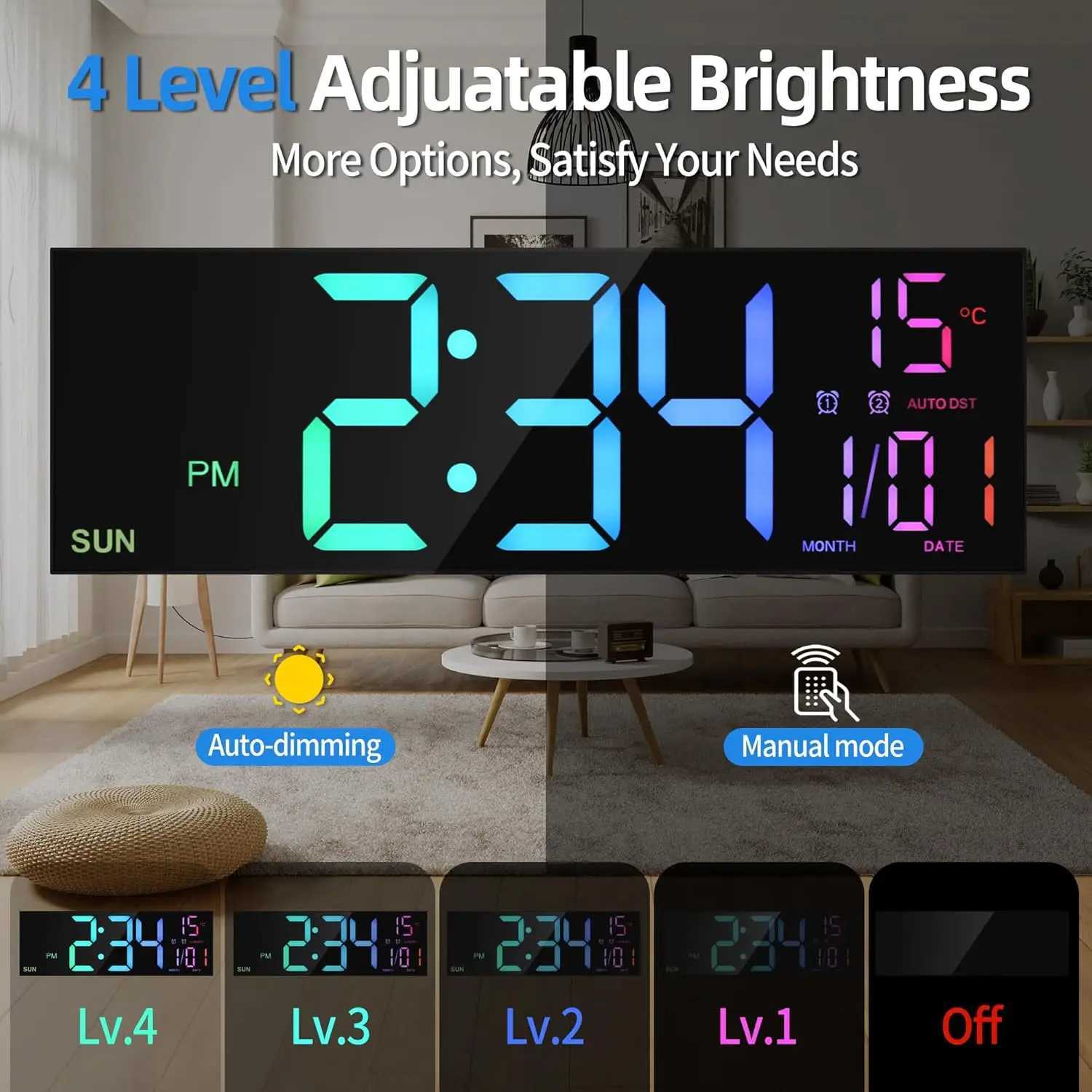 16.2 Large Digital Wall Clock with Remote Control Big LED/Dual Alarm/8 RGB Colors Digital Alarm Clock Electronic WatchM240731