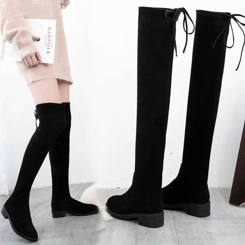 High Quality Thick high heels Fem autumn winter warm knee boots plain sexy Fi shoes black casual plus size 43 T241206
