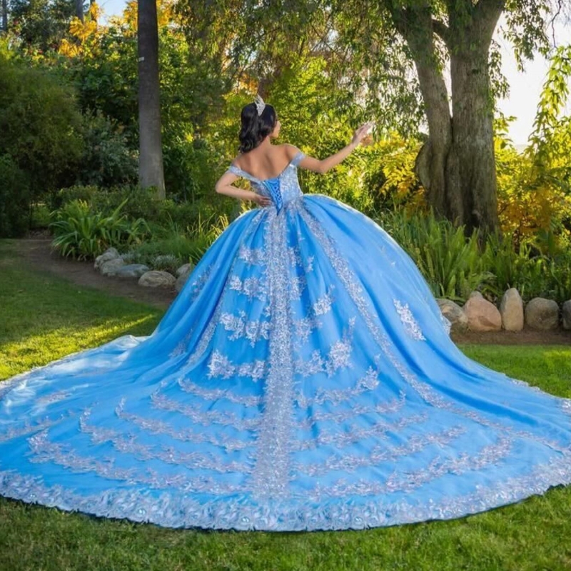 Mexican Blue Shiny Quinceanera Dress Ball Gown Off The Shoulder Applique Lace Beaded Tull Corset Sweet 16 Vestidos De 15 Anos