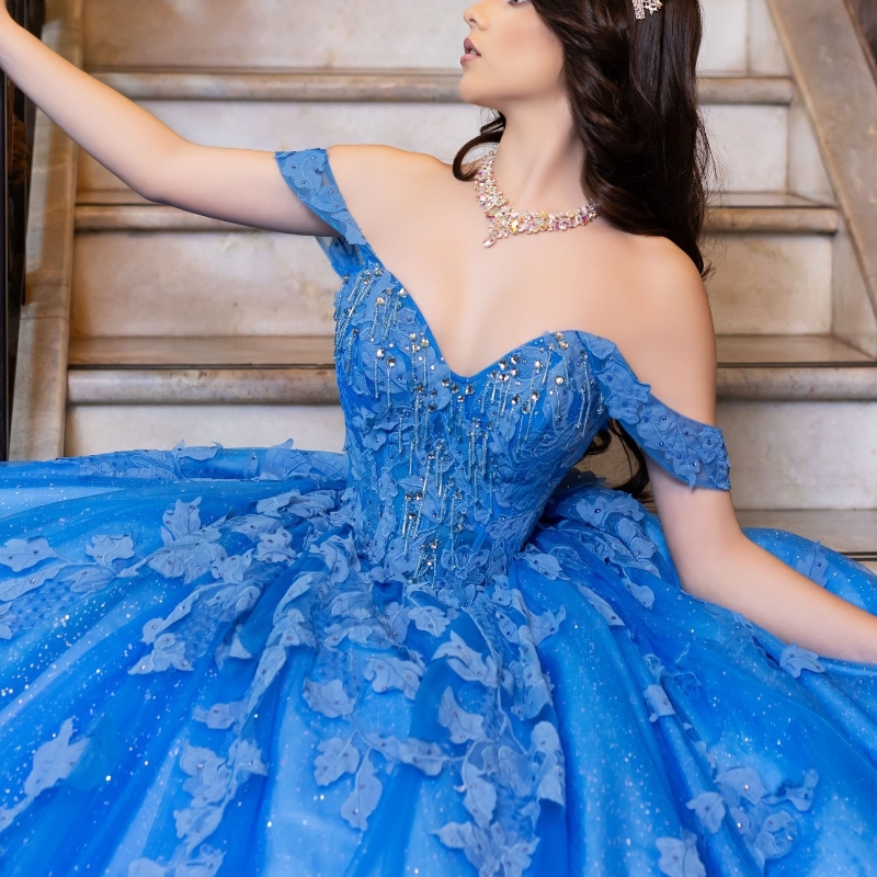 Blue Shiny Princess Quinceanera Dresses Lace Appliques Crystals Beads Birthday Party Sweet 16 Dress Ball Gown Vestidos De XV Anos