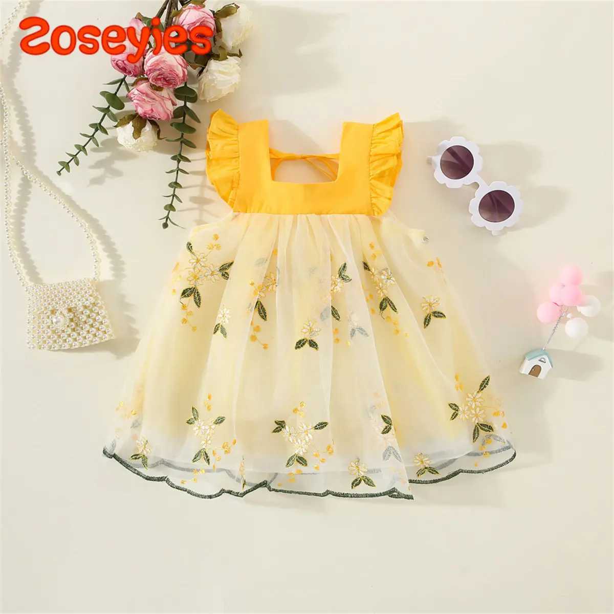 Summer Baby Girls Dress Flower Embroidery Mesh Splice Flying Sleeve Sweet Dress X250220