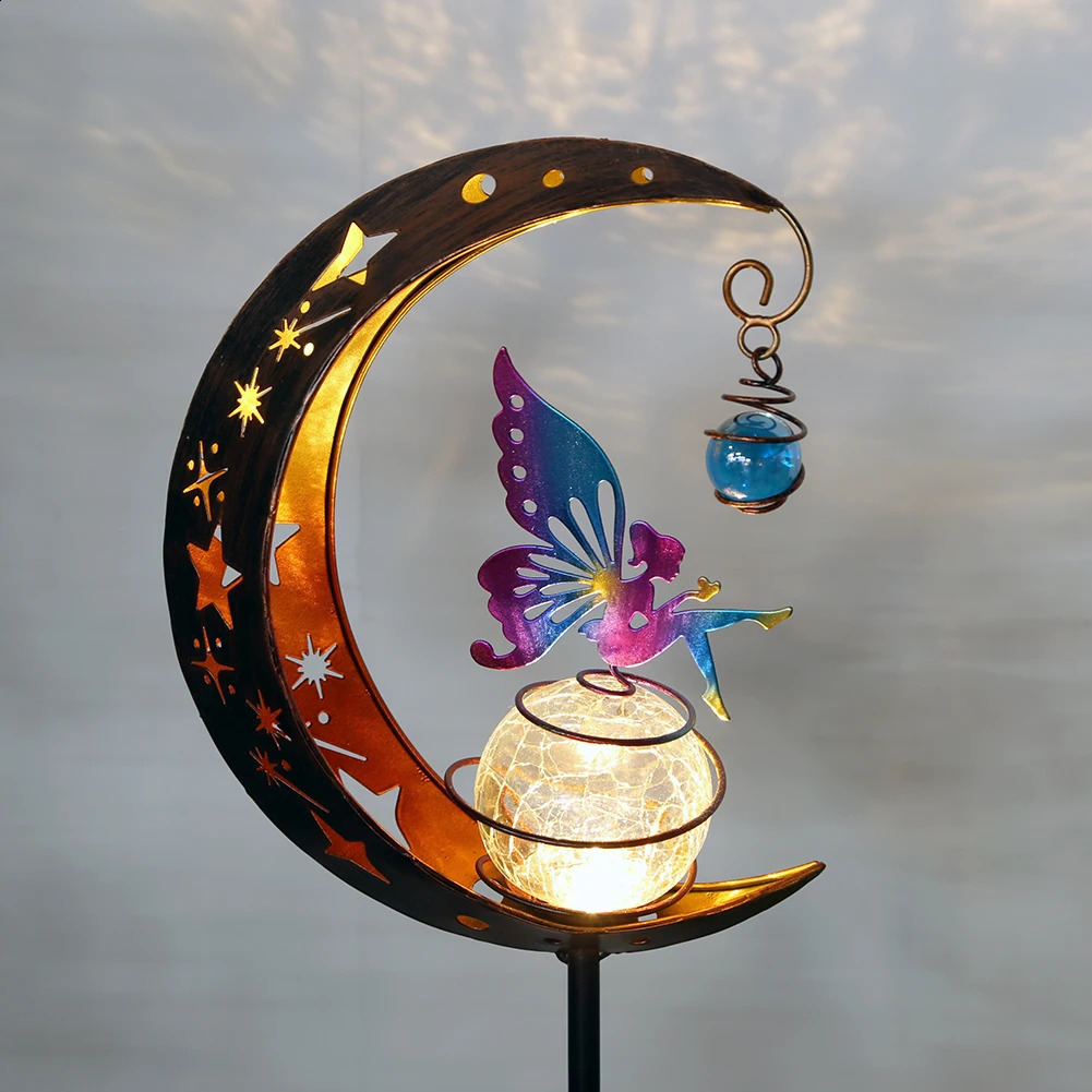 Moon Solar Light Waterproof Garden Decoration Lamp Iron Art Elf / Flower Fairy Lamp LED Glass Ball Garden Light for Outdoor Yard 240801
