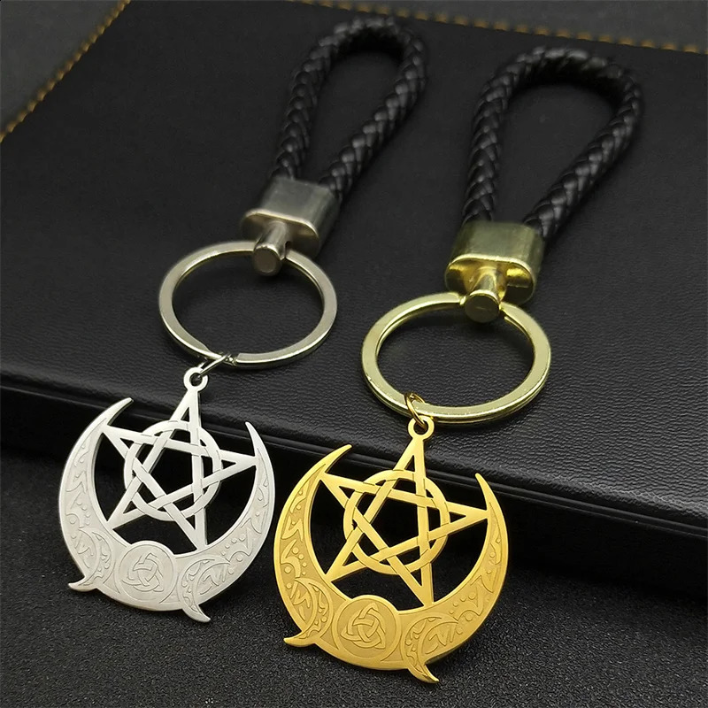 Triple Moon Goddess Witch Knot Stainless Steel Pendant Keychain for Women Men PU Leather Pentagram Star Bag Charm JewelryK26657 240731