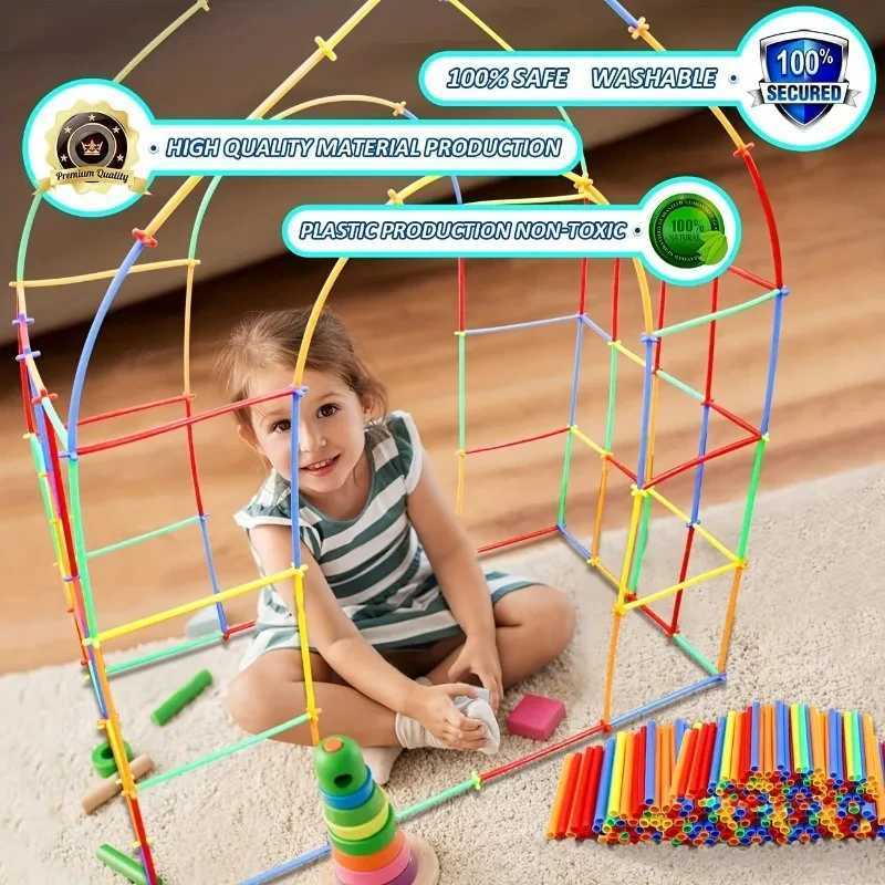 Creative Straw STEM Building Toys 100Pcs Interlocking Plastic Thin Tube Building Blocks Educational Toys for Children Boys Girls Y240731