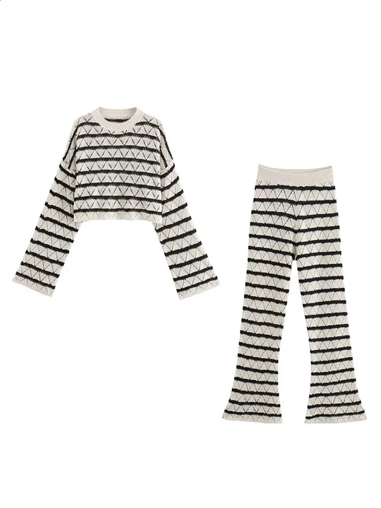 Striped Knittted Top Pants Suit Women Loose Hollow Out O-neck Short Tops Pullover Wide Leg Trousers Two Piece Set Female 2024 240813