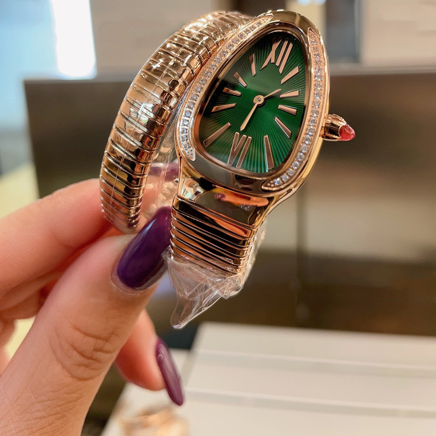 Rose gold double circle with diamonds snake watch for women top quality quartz movement titanium steel case strap details consistent with counter products 009-6