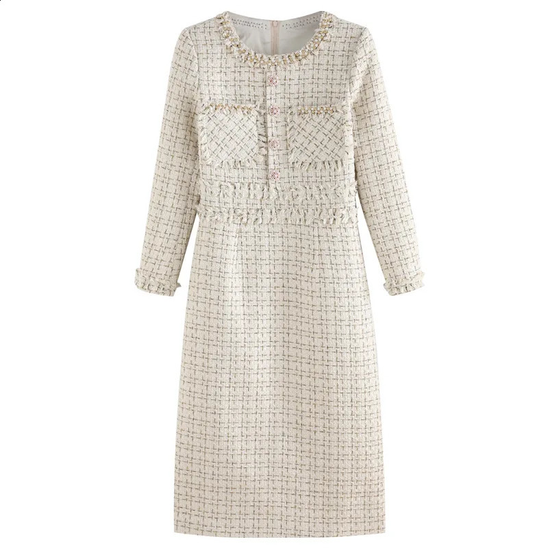 Ladies Spring/Autumn Tweed Long sleeved Dress Small Fragrant Wind Woolen Dress 240824