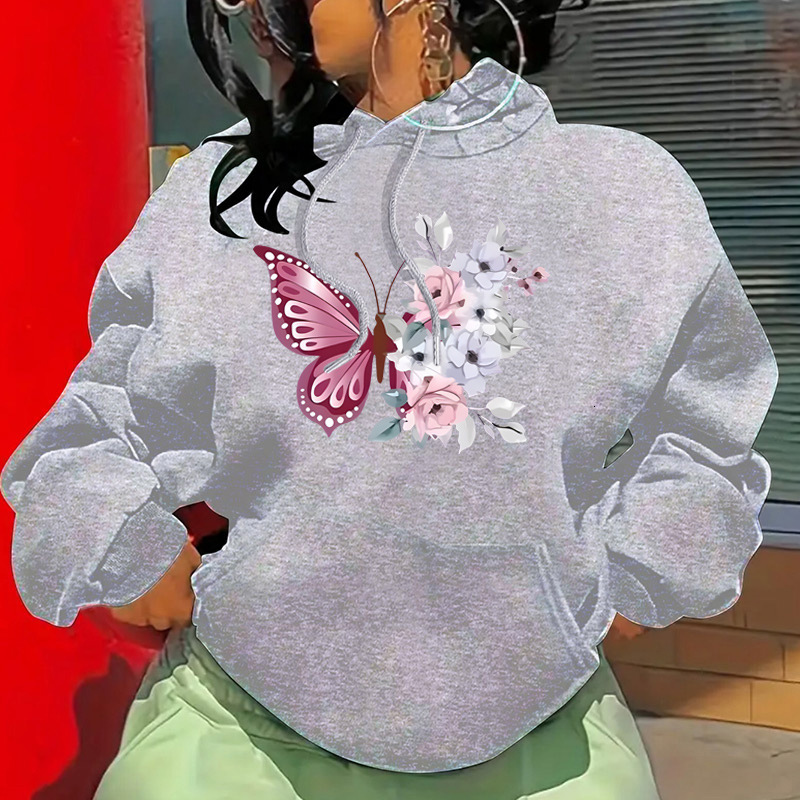 Autumn and Winter New Butterfly Letter Fashion Printed Back Collar with Velvet Hoodie Women's Clothing F8.1#30