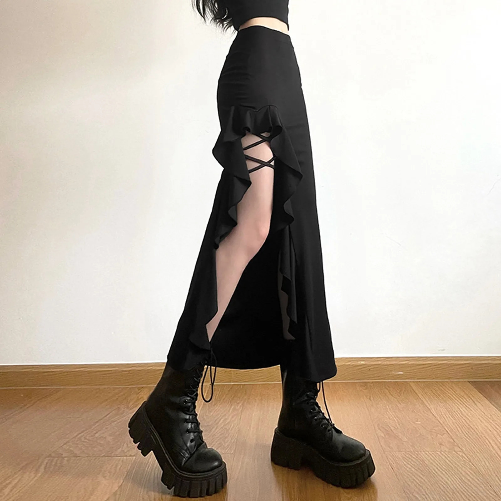 Gothic High Waist Bodycon Skirt Women Punk Ruffles Split Skirts Y2K Streetwear Faldas Mujer Korean Fashion Solid Maxi Skirt 240729