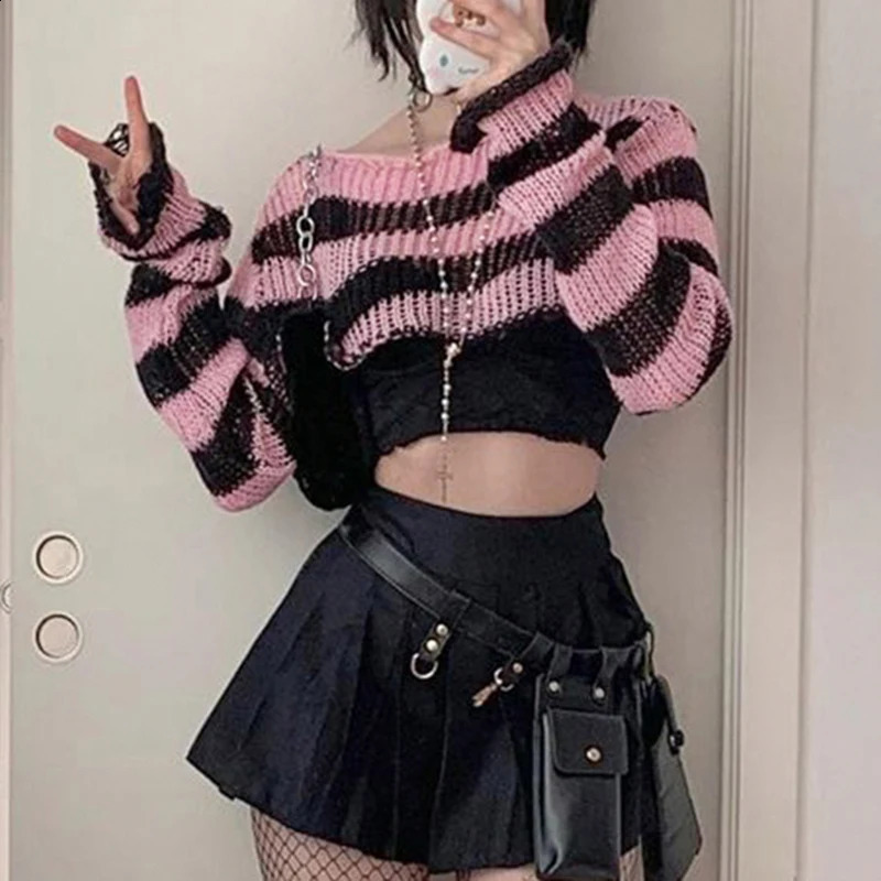 CIBBAR Vintage Y2k Cropped Sweater Smock Grunge 2000s Loose Full Sleeve Pink Striped Print Jumpers for Women Autumn Casual Chic 240812