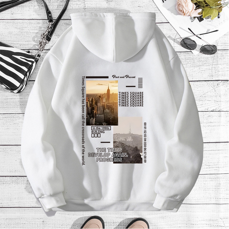 New autumn winter with city scenery, fashionable printing, hooded back cover, collar and velvet hoodie for women F8.1#25