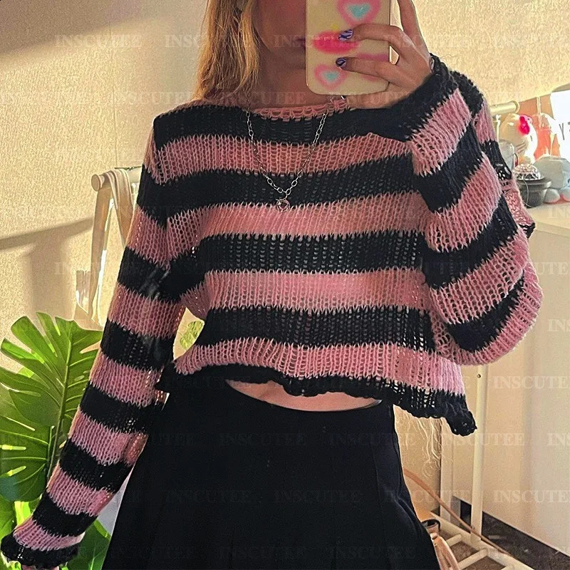 INSCUTEE Pastel Goth Pink Sweater Women Streetwear Emo Alternative Grunge sweet Strap Hole Long Sleeve Loose Pullover Female 240812