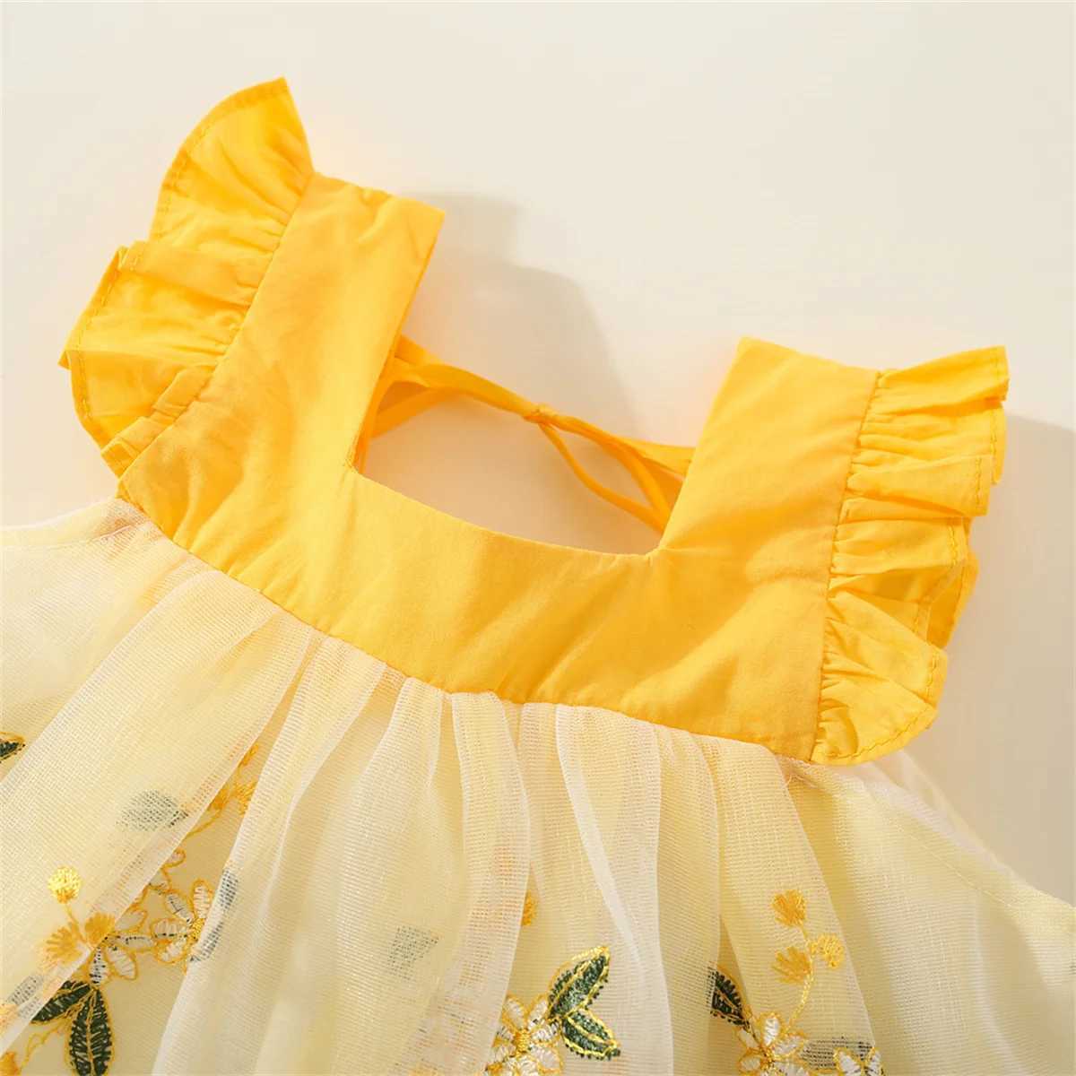 Summer Baby Girls Dress Flower Embroidery Mesh Splice Flying Sleeve Sweet Dress X250220