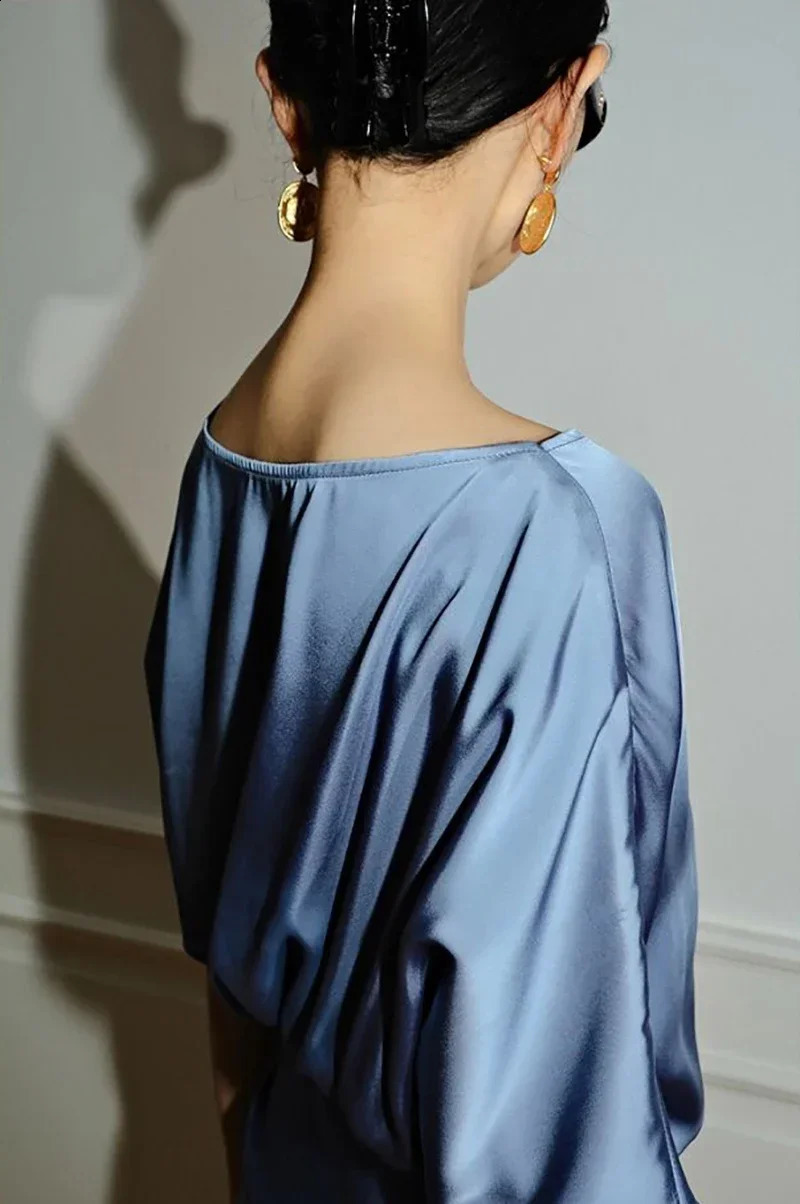 Womens Blue Satin Maxi Prom Dresses Summer Fashion One Shoulder Tie Waist Long Formal Cocktail Dresses for Women 240801