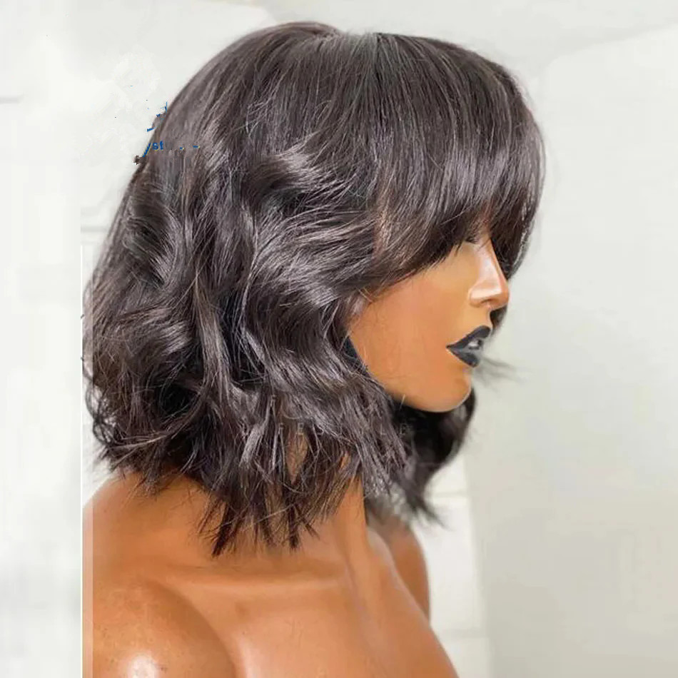 Layered Cut Short Wavy Hair Natural Black with Bang Scalp Top Wig Full Machine Made Human Hair Short Bob Wig Remy 180 density