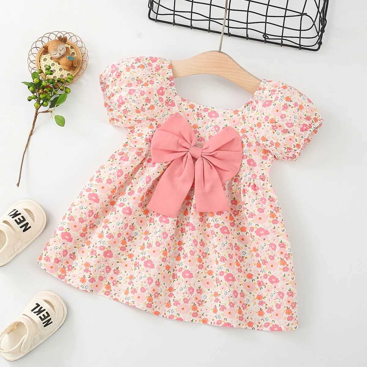 Summer Toddler Baby Dress Pink Flower Princess Dress Puff Sleeves Birthday Dress for Kids Girl X250220