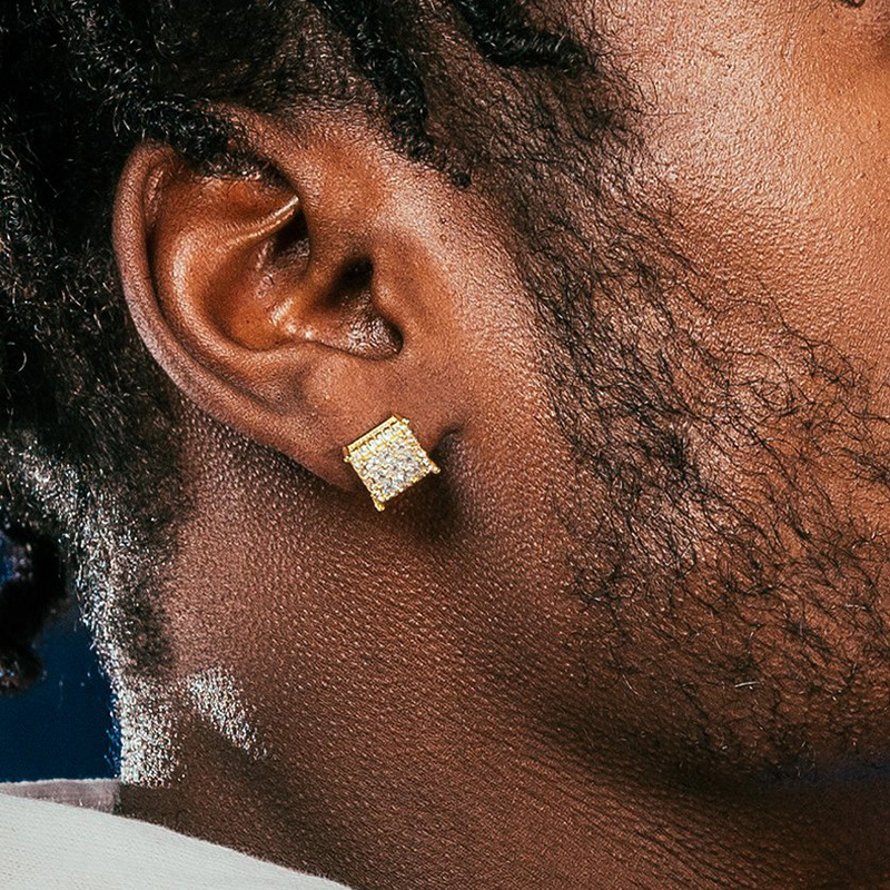 Trendy Gold / Silver Color Bling Out Iced AAA Three-dimensional Zirconia Micropave Square Hip Hop Stud Earrings for Men Woman