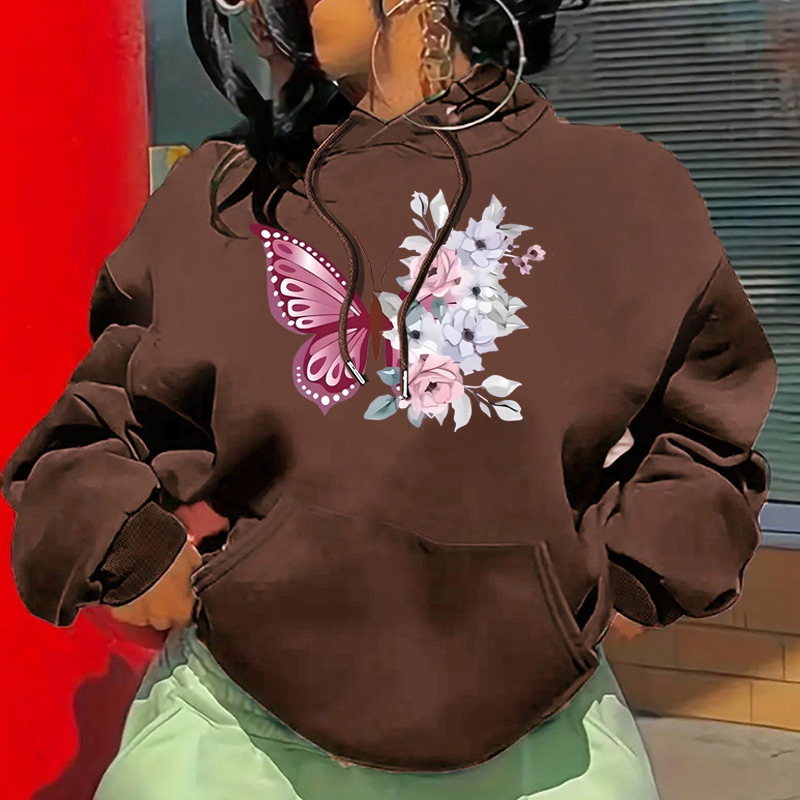 Autumn and Winter New Butterfly Letter Fashion Printed Back Collar with Velvet Hoodie Women's Clothing F8.1#30