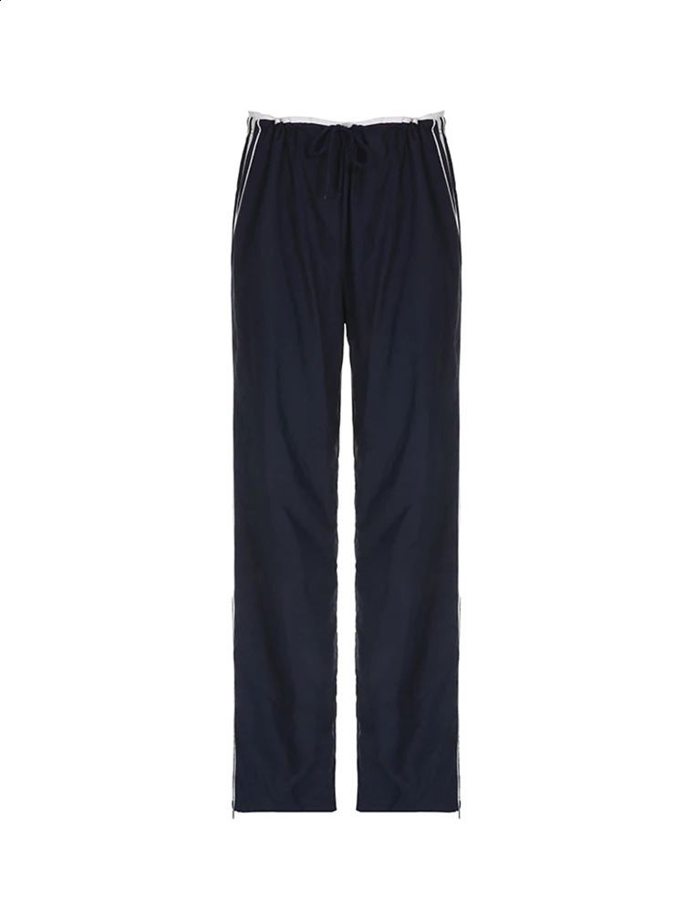 Sweetown Side Zipper Split Contrast Stripe Loose Casual Women Straight Leg Pants Y2K Baggy Trousers 240821