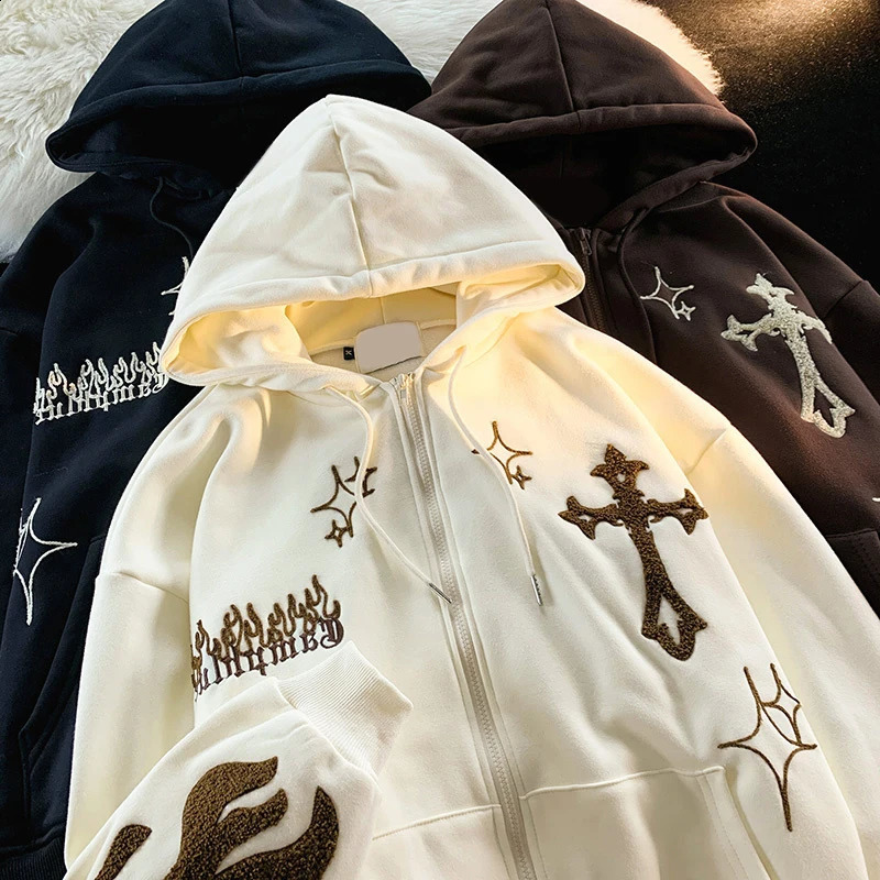 Y2K Women Zipper Chic Hoodies Fashion Autumn Winter Embroidered Oversized Sweater Coats Casual Holiday Loose Female Sweatshirt 240812