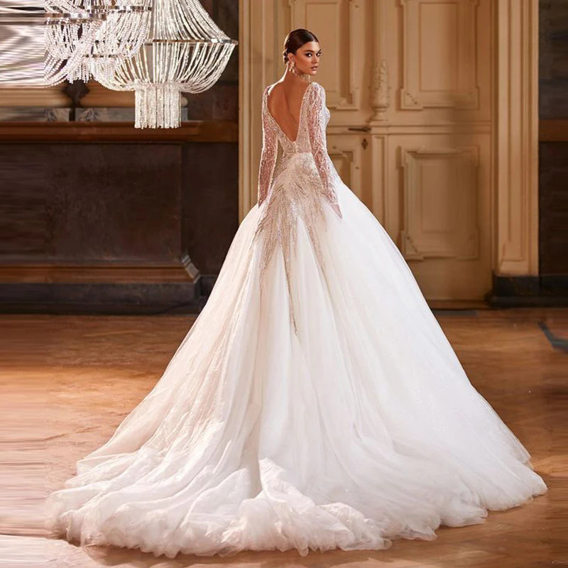 Exquisite Wedding Dress Deep V Neck Sparkly for Women Long Sleeves Squined Beaded Bridal Ball Gowns Vestido de Novia