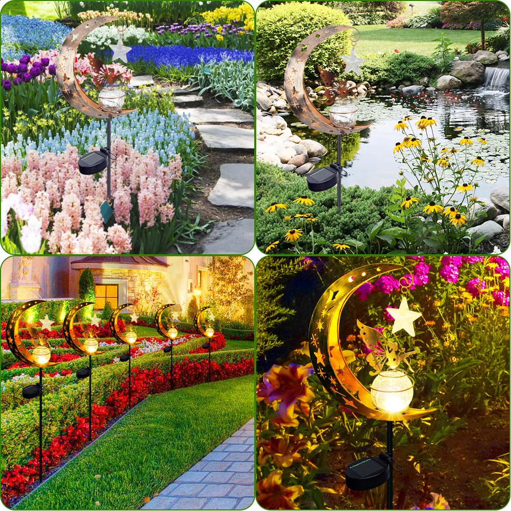 Moon Solar Light Waterproof Garden Decoration Lamp Iron Art Elf / Flower Fairy Lamp LED Glass Ball Garden Light for Outdoor Yard 240801