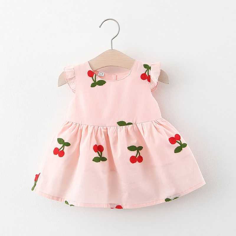Summer baby dress girl cherry embroidery round neck small sleeve princess dress childrens dress X2502201