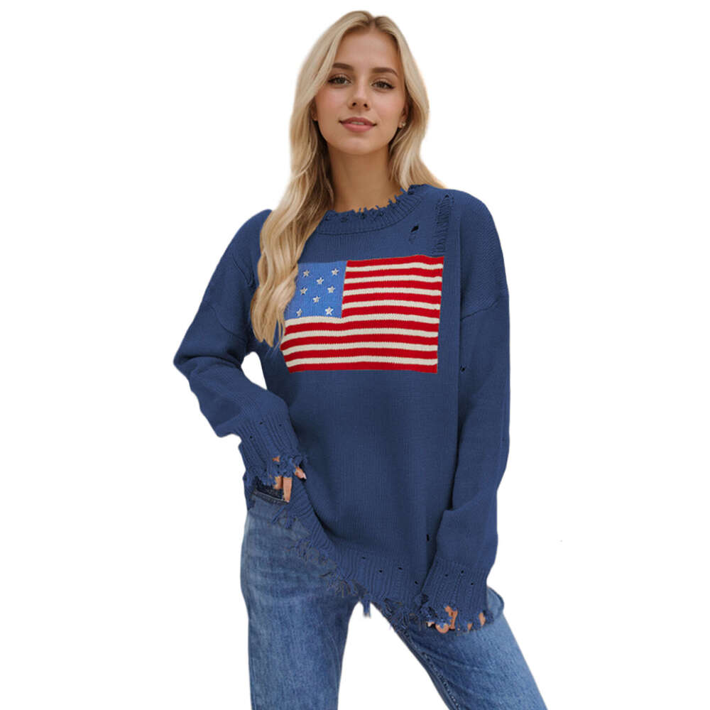 2024 Autumn/Winter New Temu Round Neck Flag Easter Independence Day Fashion Sweater for Women