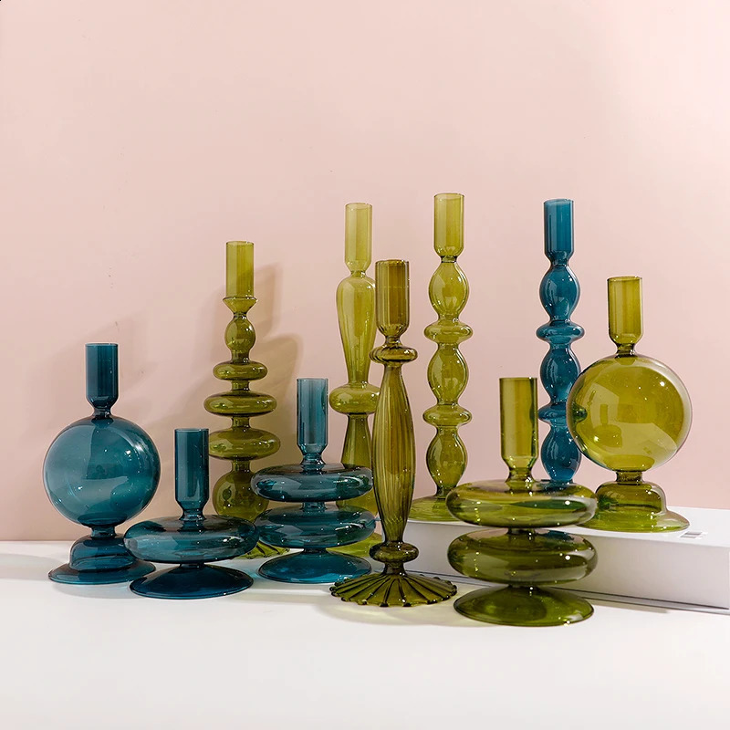 Deep Blue Green Glass Candle Holder Table Bookshelf Home Decoration Tapered Candle Holder Banquet Party Wedding Decoration 240801