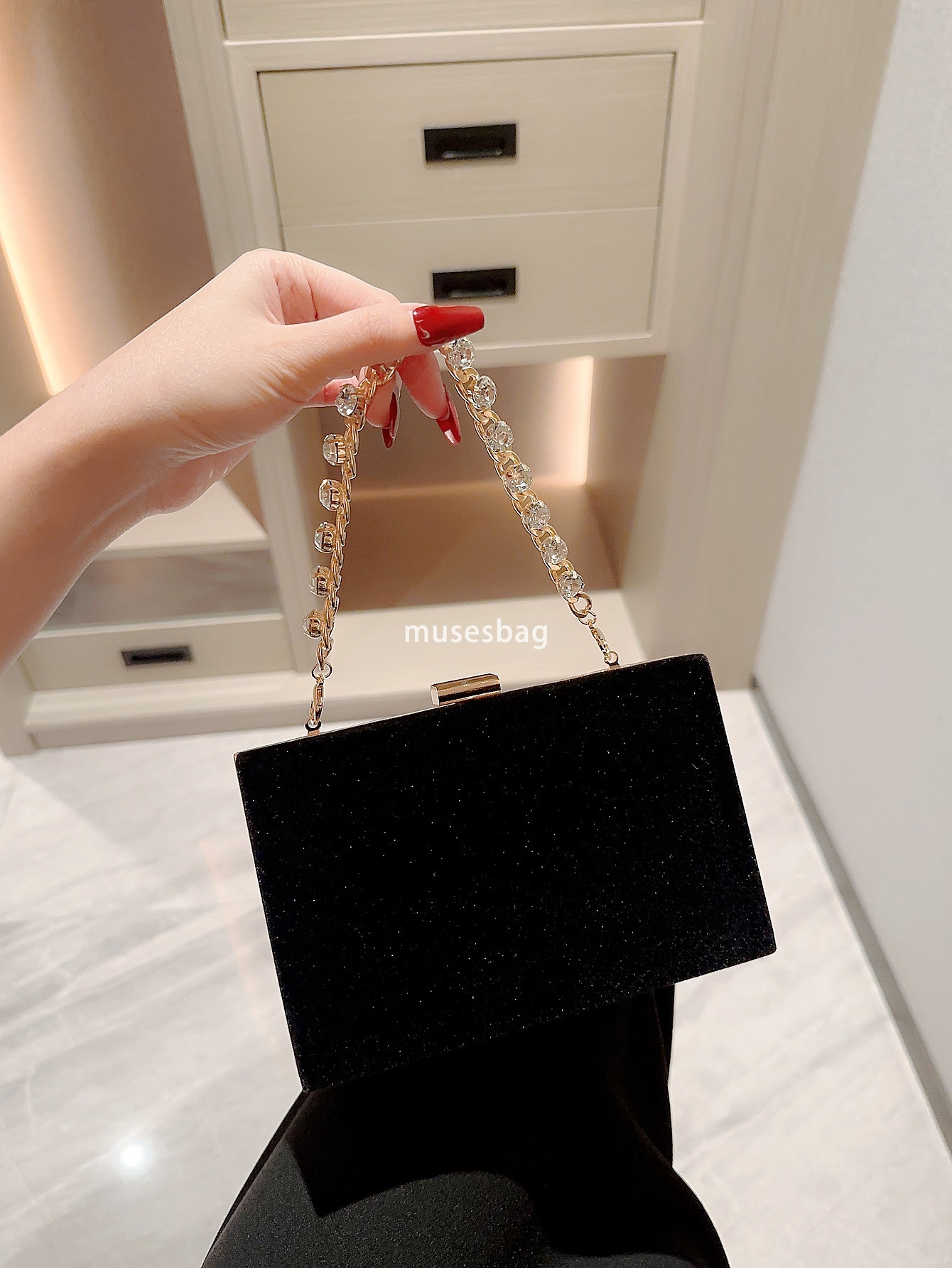 French vintage black velvet bag rhinestone chain handbag Hand handbag Socialite square bag Dinner bag dress bag