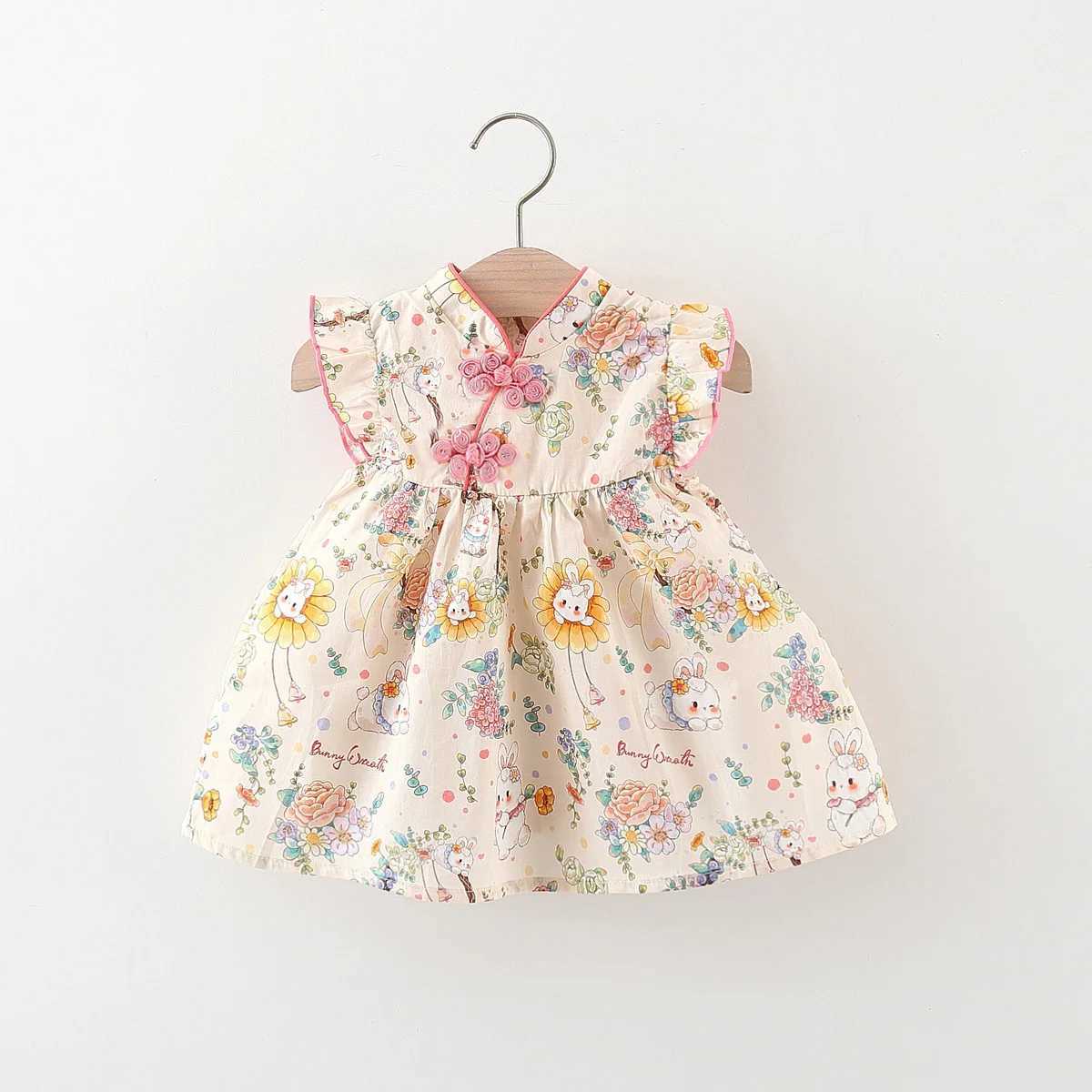 Summer Baby Girls New Dress Sweet Little Rabbit Printed Fly Sleeves Suitable for Chinese Style Qipao for Children Aged 80-120 X250220