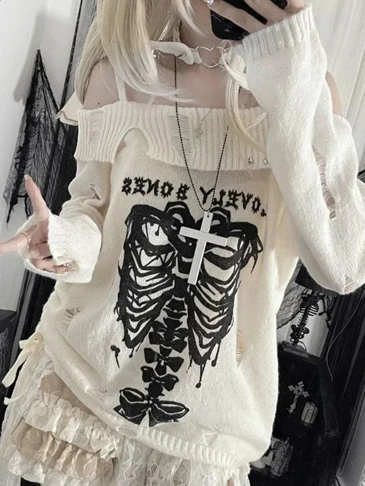 HOUZHOU Y2k Harajuku Gothic Knitted Pullovers Women Japanese Fashion Sexy Skull Off The Shoulder Punk Girls Hole Loose Sweater 240812