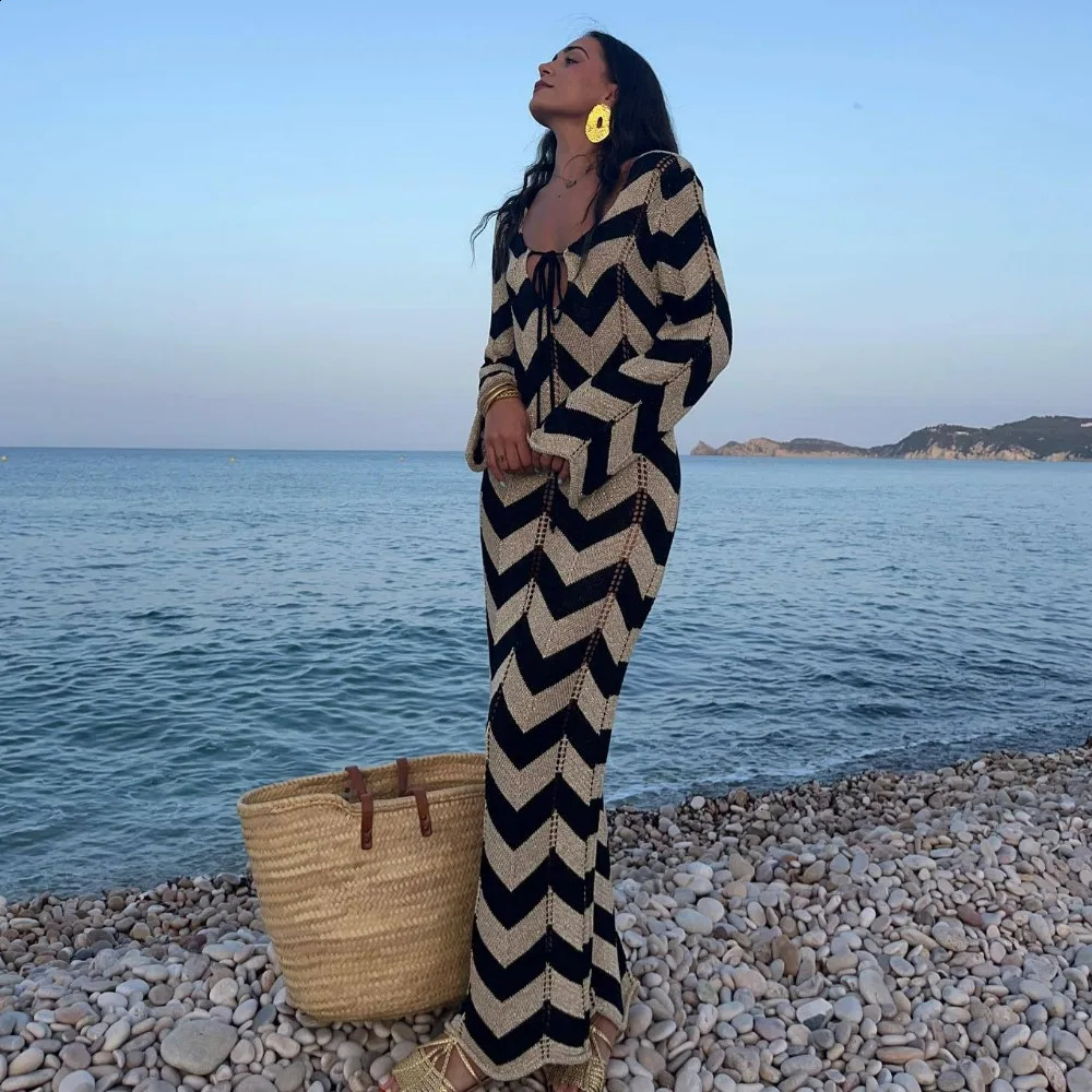 Wave Striped Knitted Dress Women Elegant Full Sleeve Slim Beach Holiday Dresses Fall Fashion Lace Up Hollow Out Maxi Dress 2024 240731
