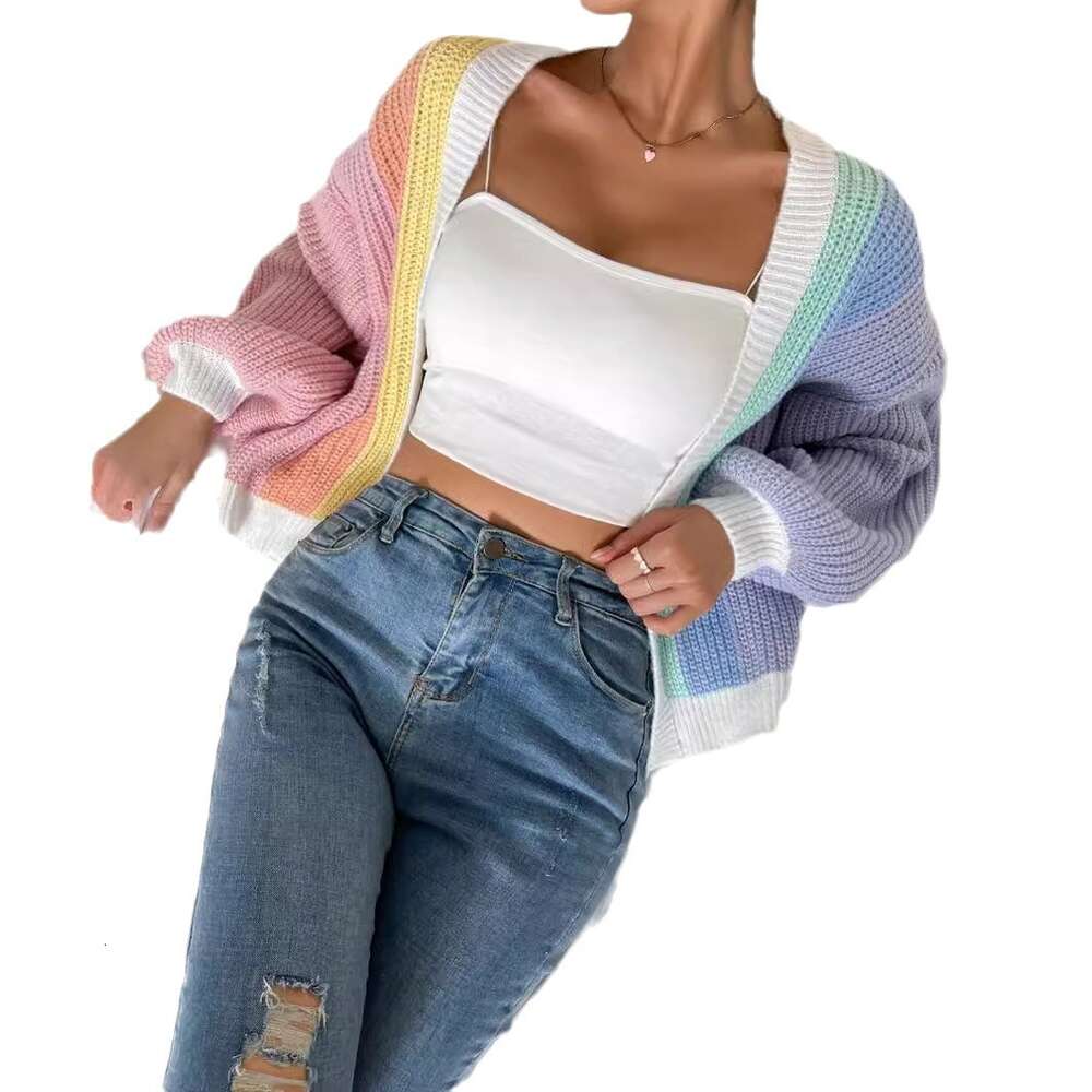 Dopamine splicing color blocking design exudes a stylish and fashionable vibe. Knitted cardigan womens lazy style long sleeved top sweater